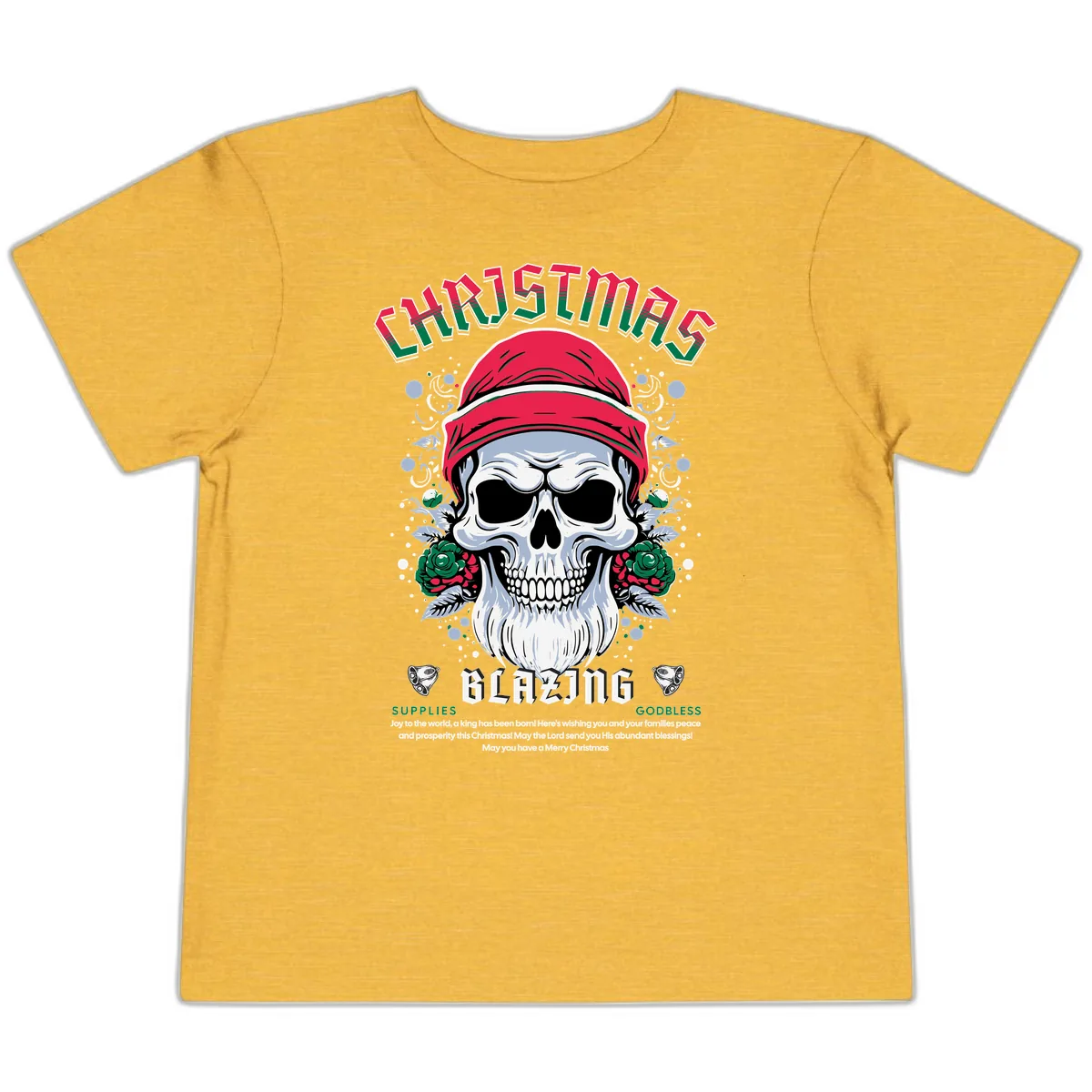 Blazing Skull Christmas Apparel Toddler T-Shirt in Heather Yellow Gold