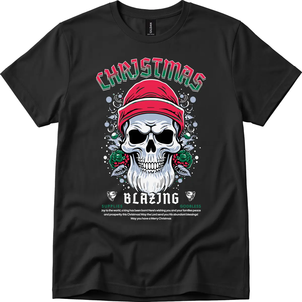 Blazing Skull Christmas Apparel T-Shirt in Black