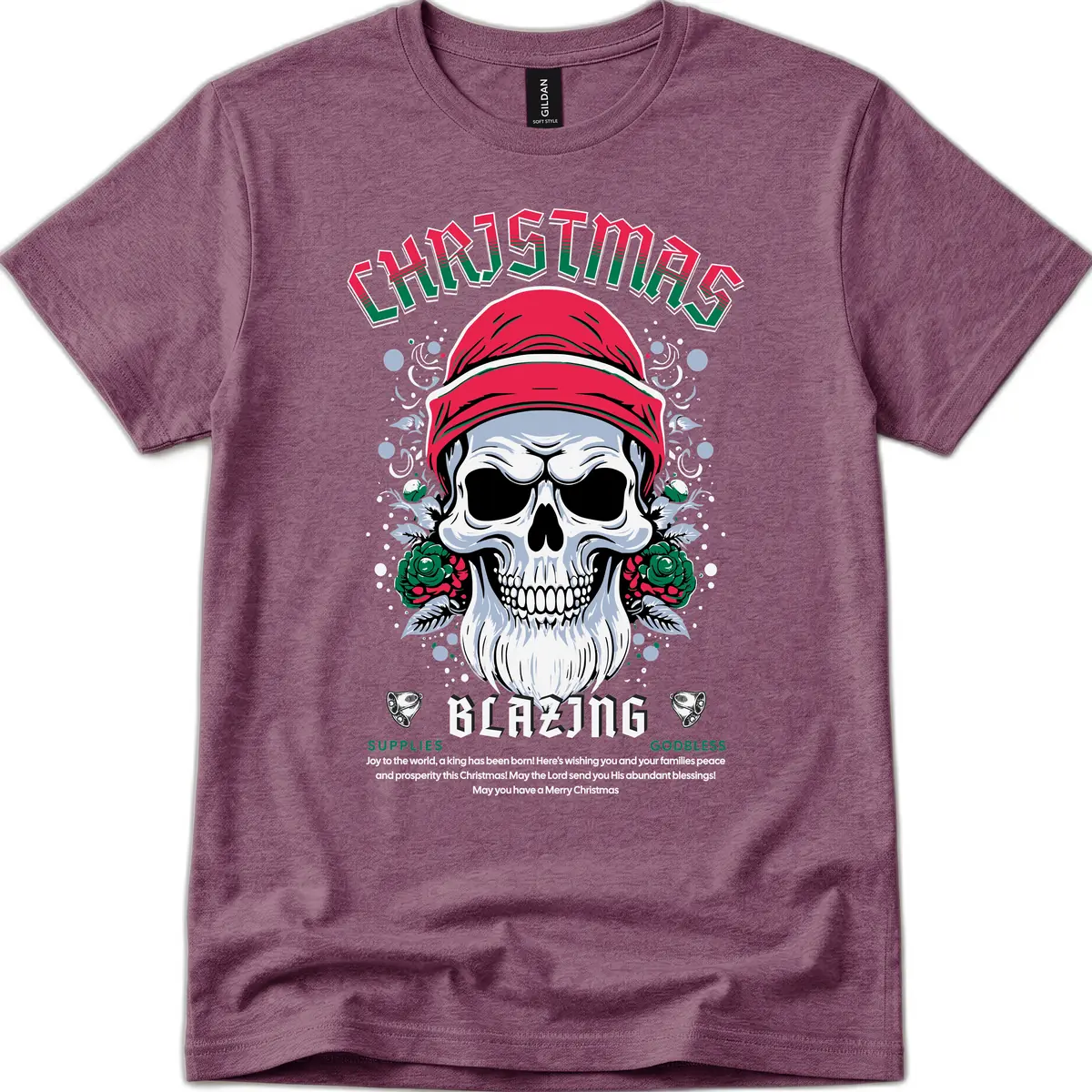 Blazing Skull Christmas Apparel T-Shirt in Heather Maroon