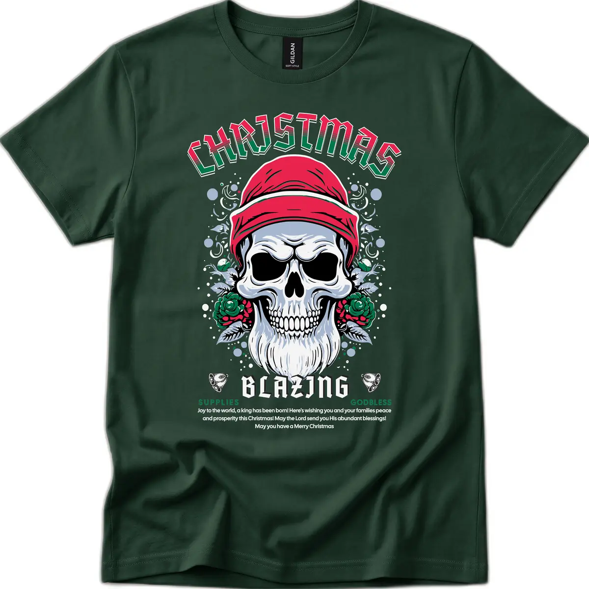 Blazing Skull Christmas Apparel T-Shirt in Forest Green