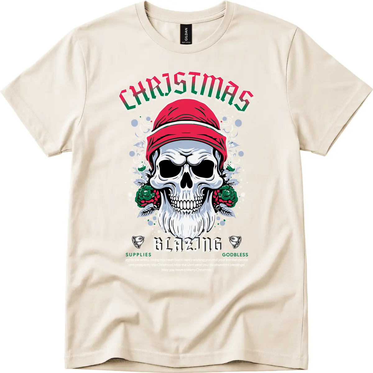 Blazing Skull Christmas Apparel T-Shirt in Natural