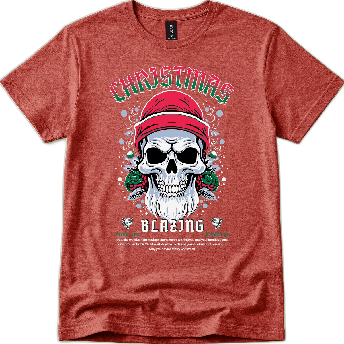 Blazing Skull Christmas Apparel T-Shirt in Heather Cardinal