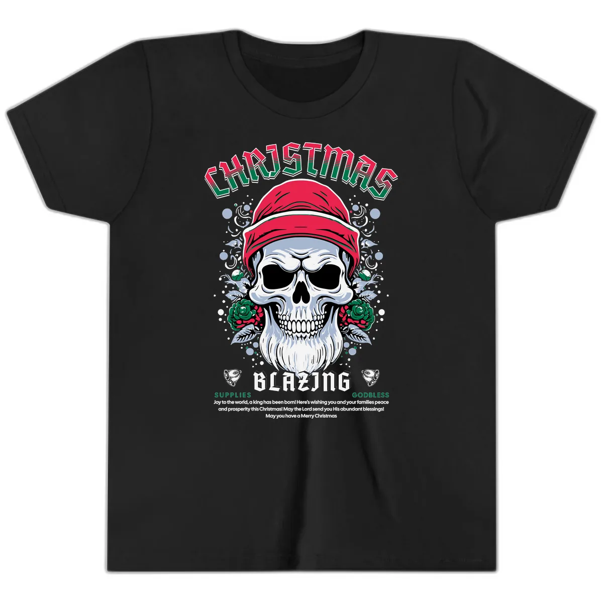 Blazing Skull Christmas Apparel Youth T-Shirt in Black