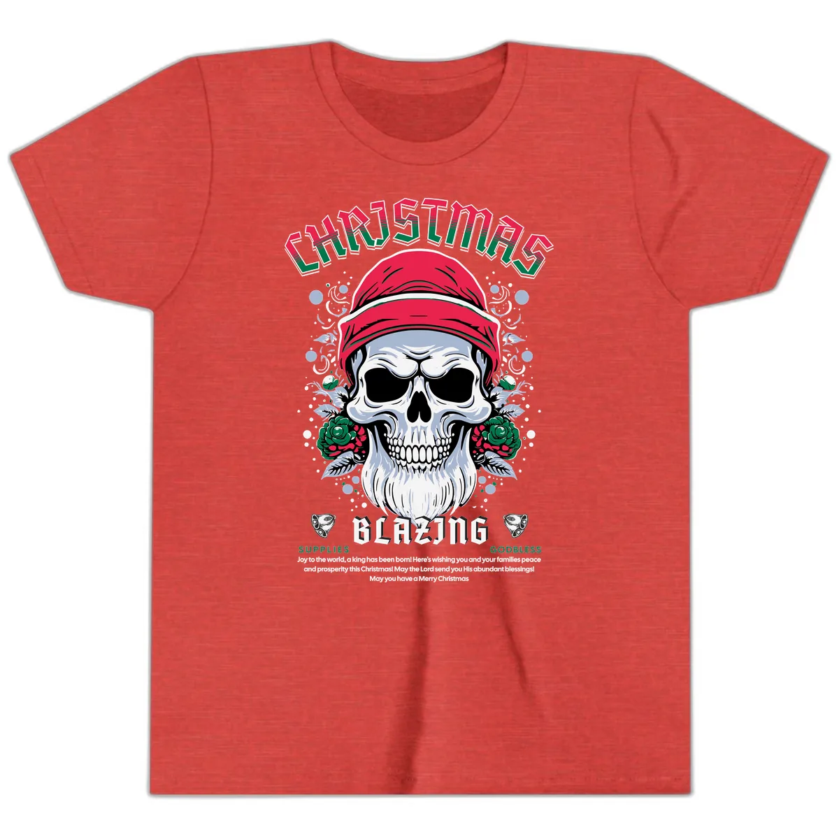 Blazing Skull Christmas Apparel Youth T-Shirt in Heather Red