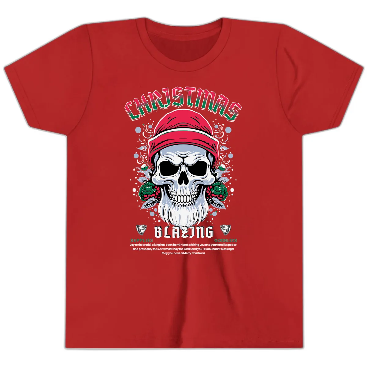 Blazing Skull Christmas Apparel Youth T-Shirt in Red