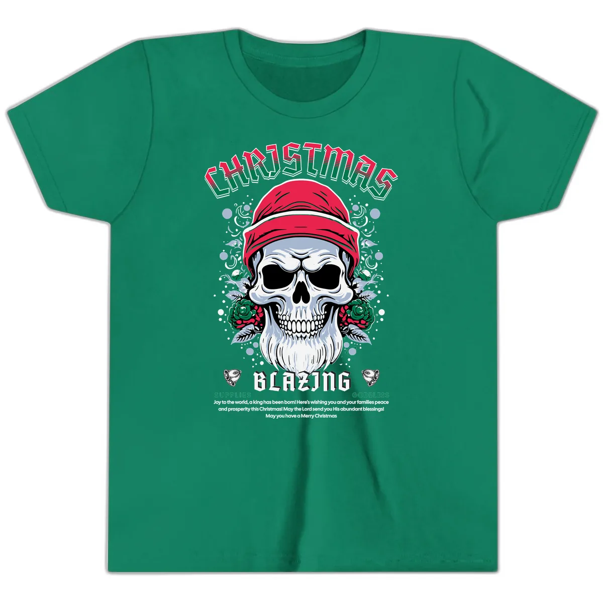 Blazing Skull Christmas Apparel Youth T-Shirt in Kelly