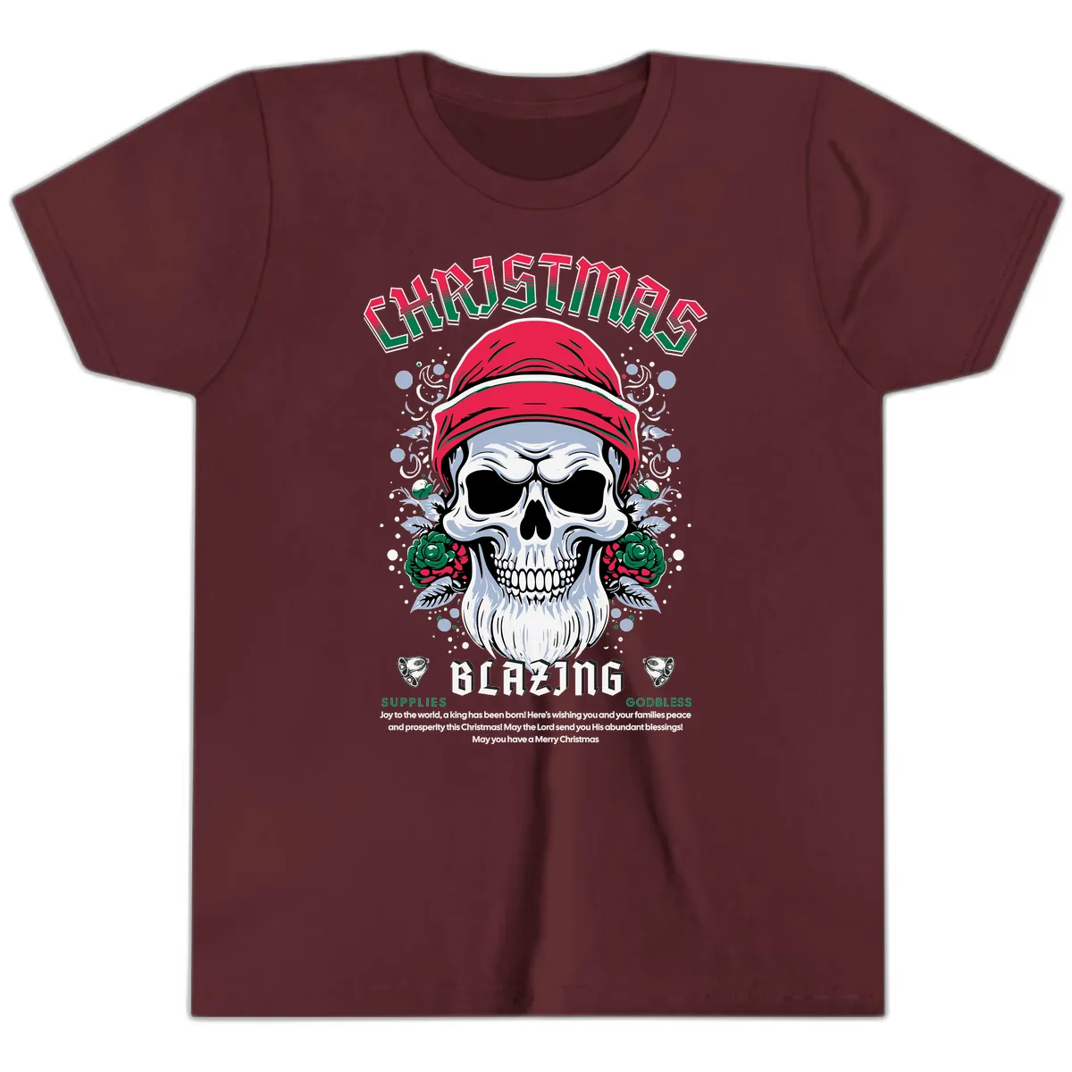 Blazing Skull Christmas Apparel Youth T-Shirt in Maroon