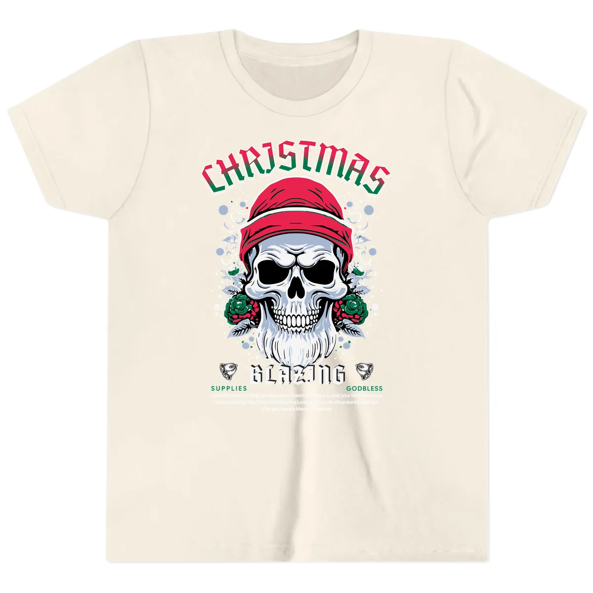 Blazing Skull Christmas Apparel Youth T-Shirt in Natural