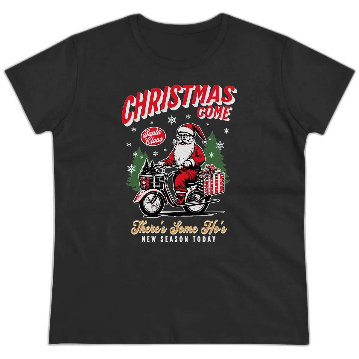 Santa's Scooter Christmas Ride Ladies Tee in Black