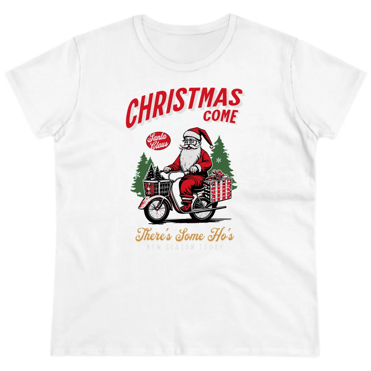 Santa's Scooter Christmas Ride Ladies Tee in White
