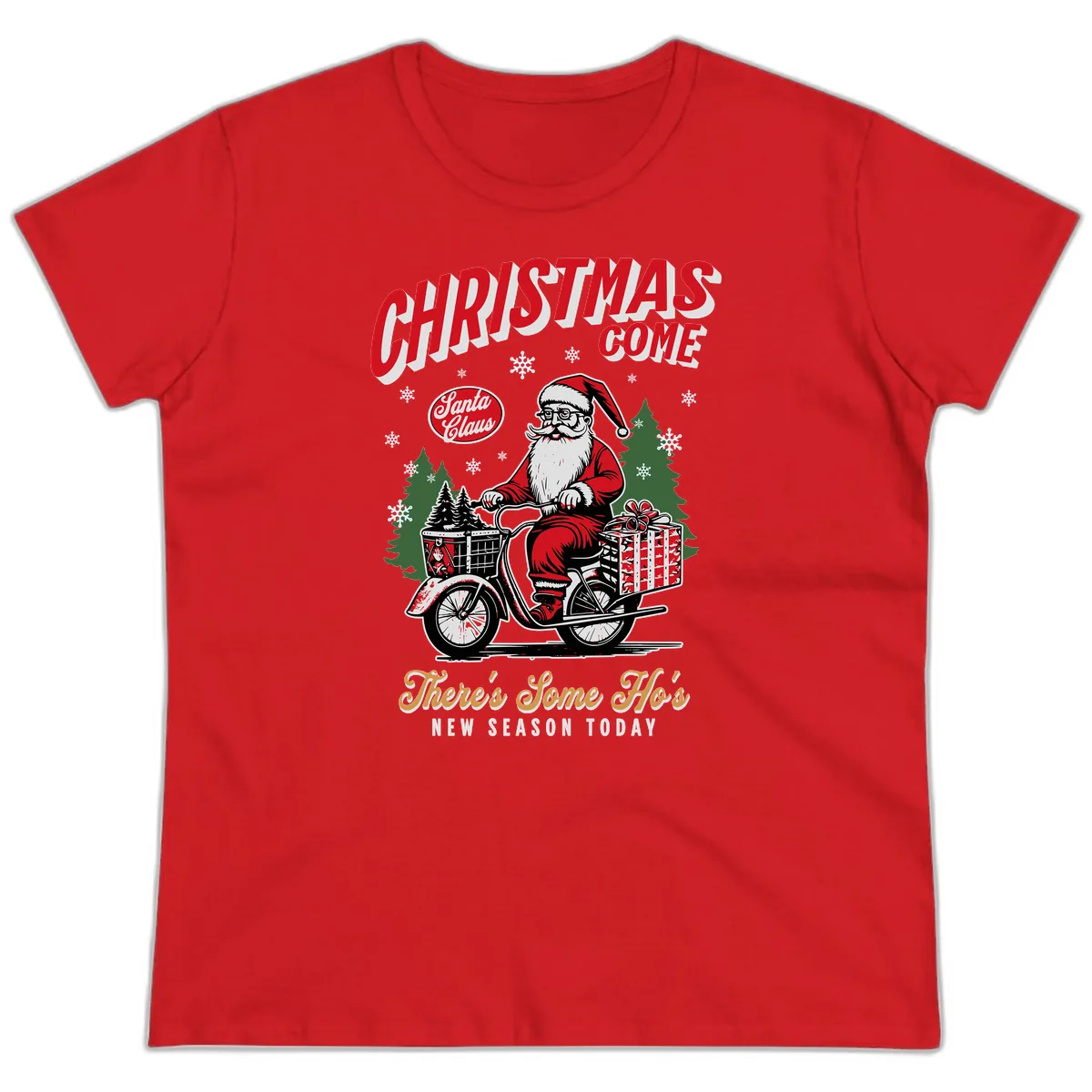 Santa's Scooter Christmas Ride Ladies Tee in Red