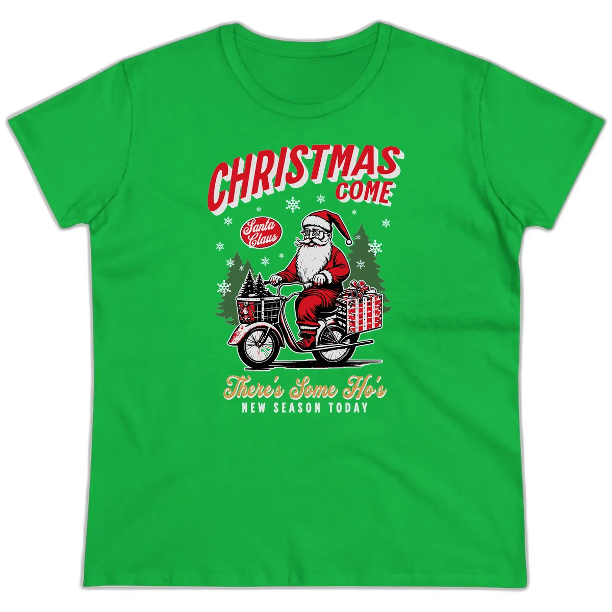 Santa's Scooter Christmas Ride Ladies Tee in Irish Green
