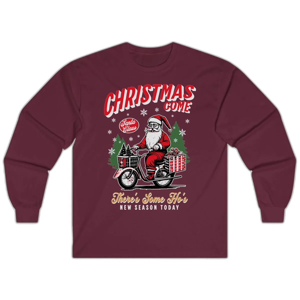 Santa's Scooter Christmas Ride Long Sleeve in Maroon