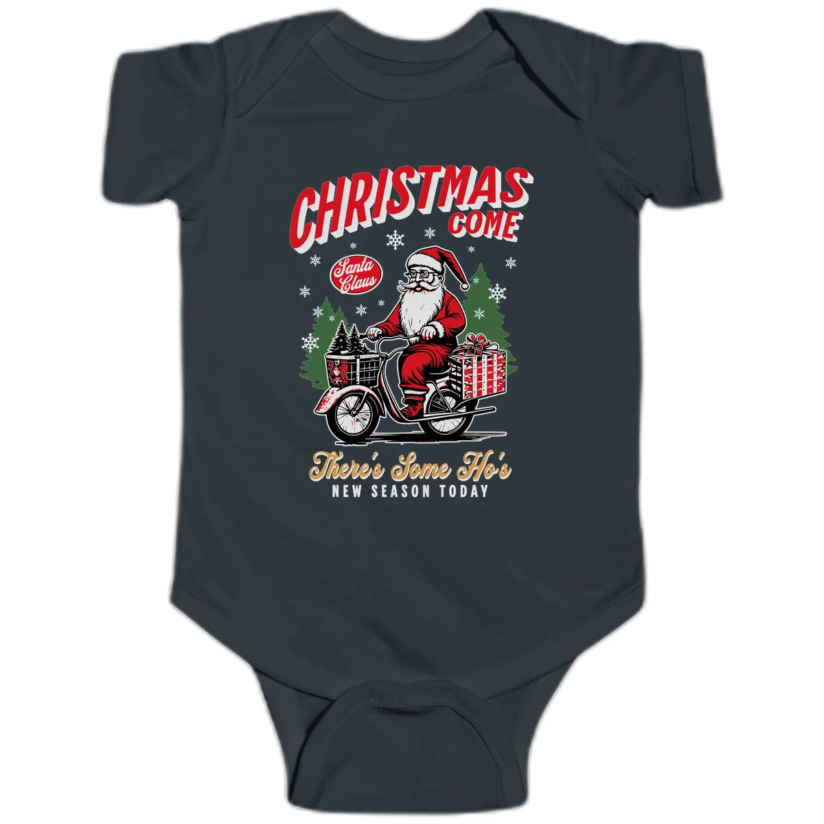 Santa's Scooter Christmas Ride Baby Onesie in Black