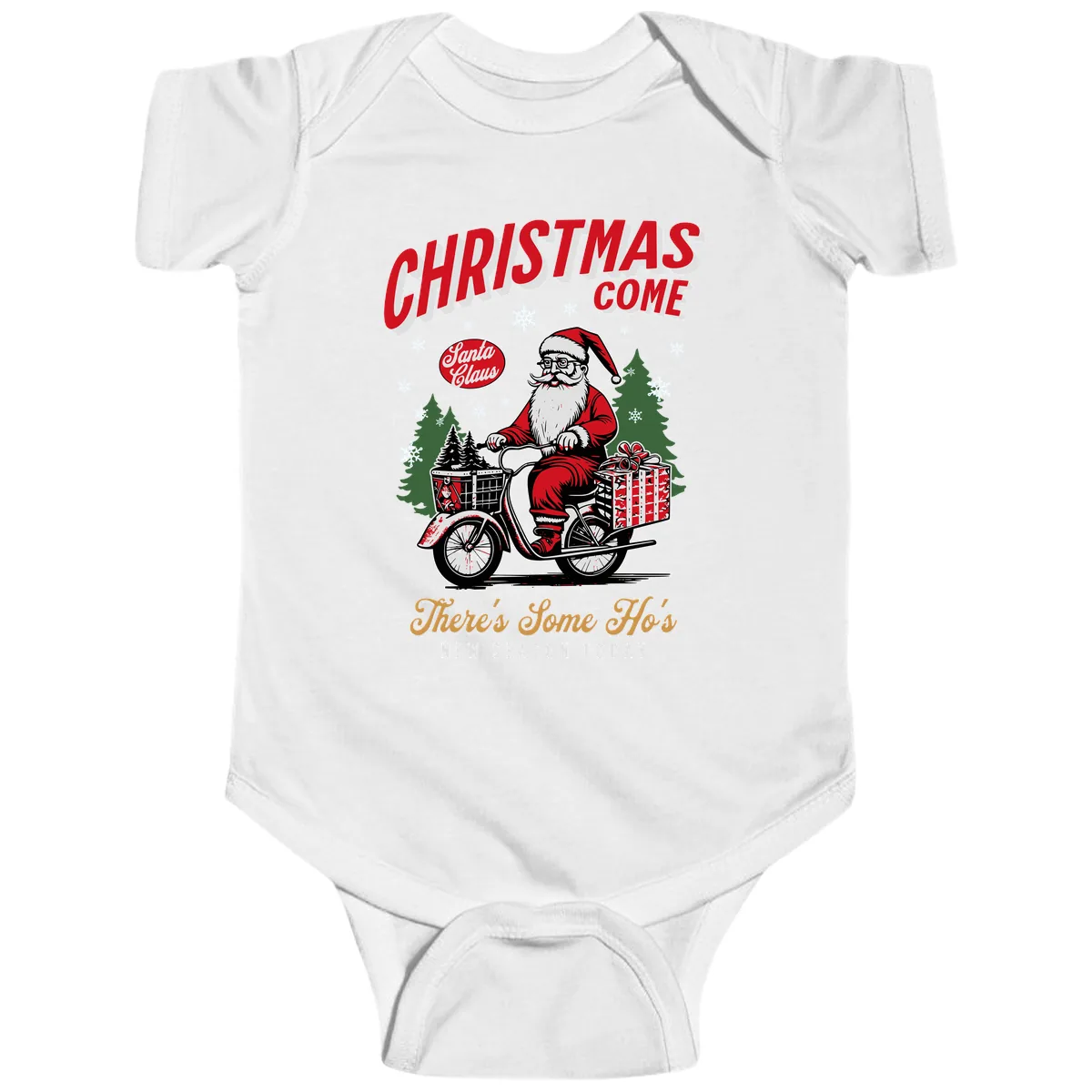 Santa's Scooter Christmas Ride Baby Onesie in White