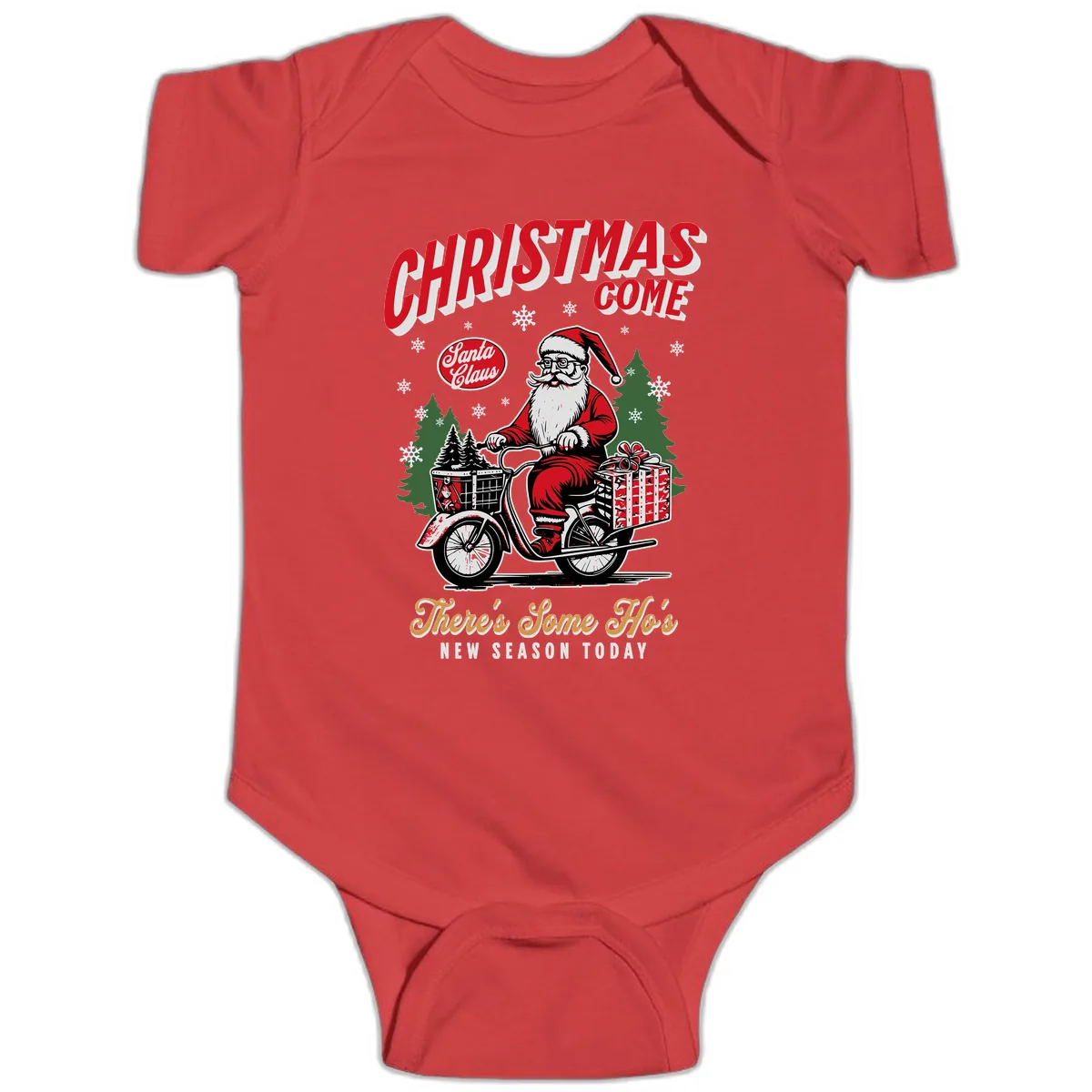Santa's Scooter Christmas Ride Baby Onesie in Red