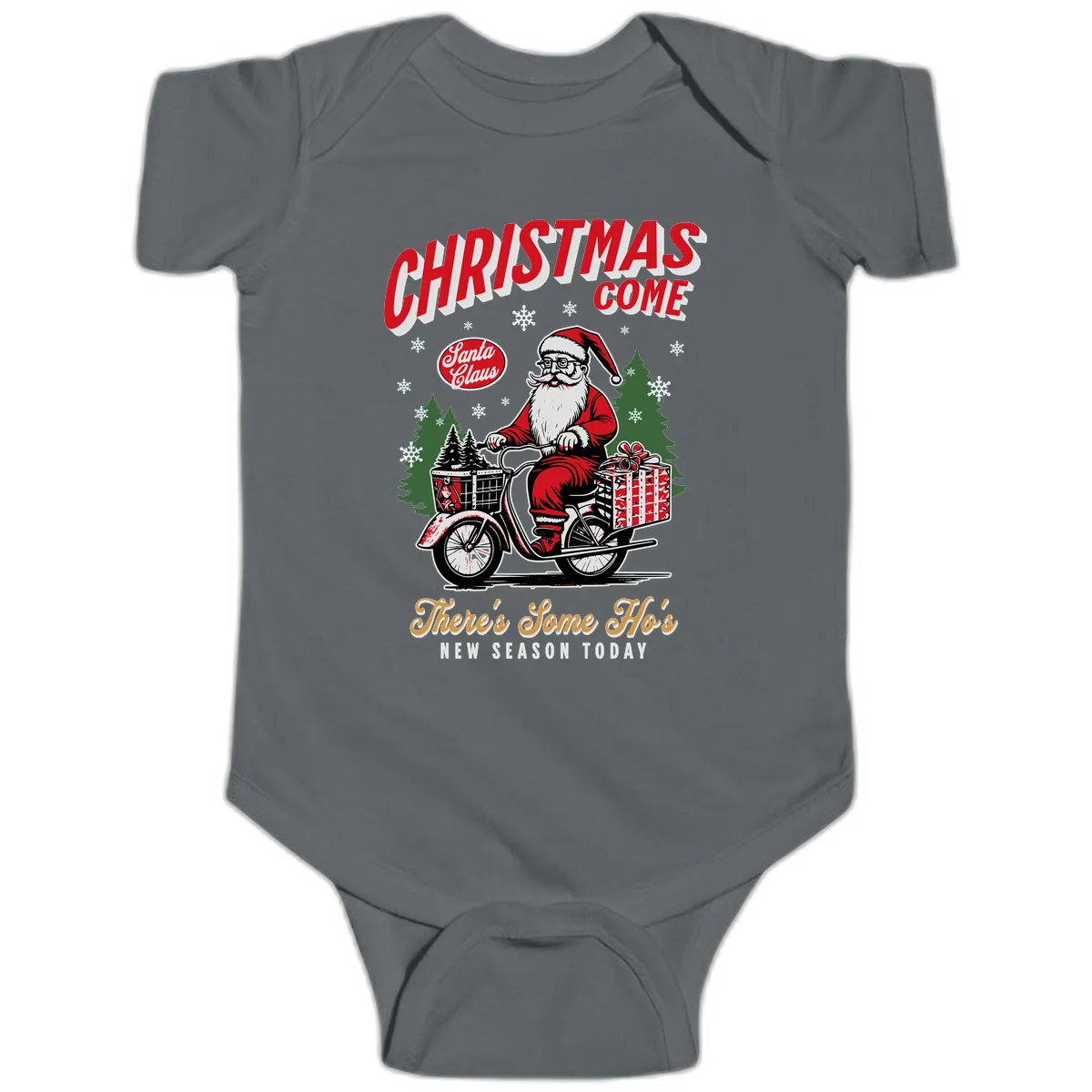 Santa's Scooter Christmas Ride Baby Onesie in Charcoal