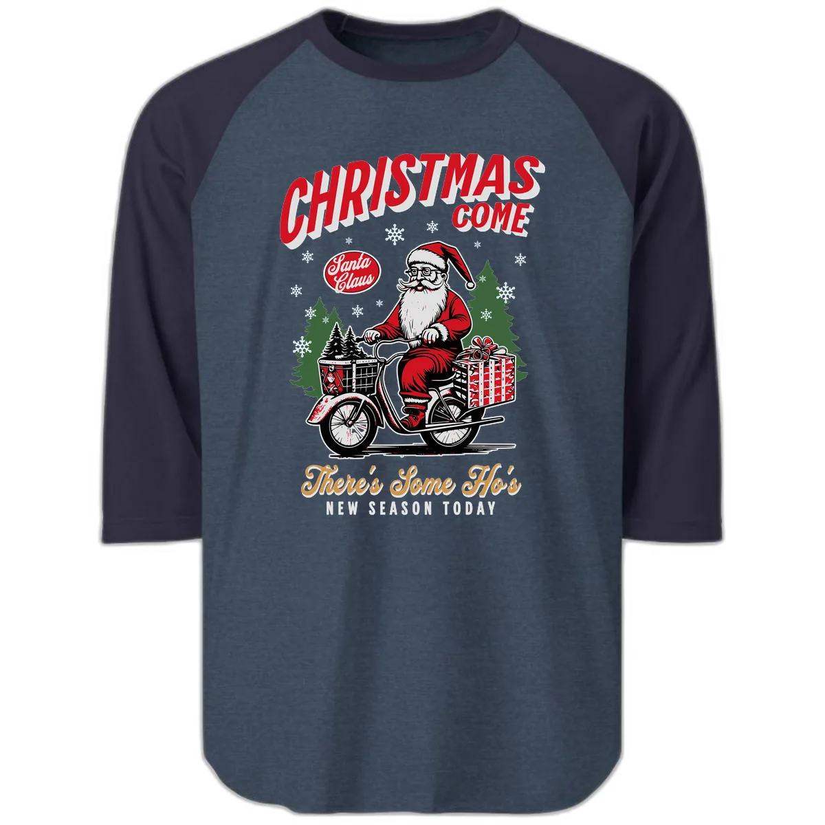 Santa's Scooter Christmas Ride Raglan 3/4 in Heather Denim Navy