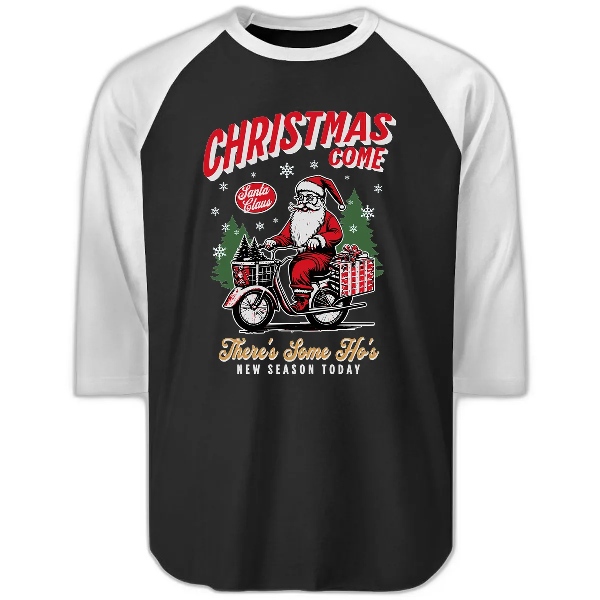 Santa's Scooter Christmas Ride Raglan 3/4 in Black White