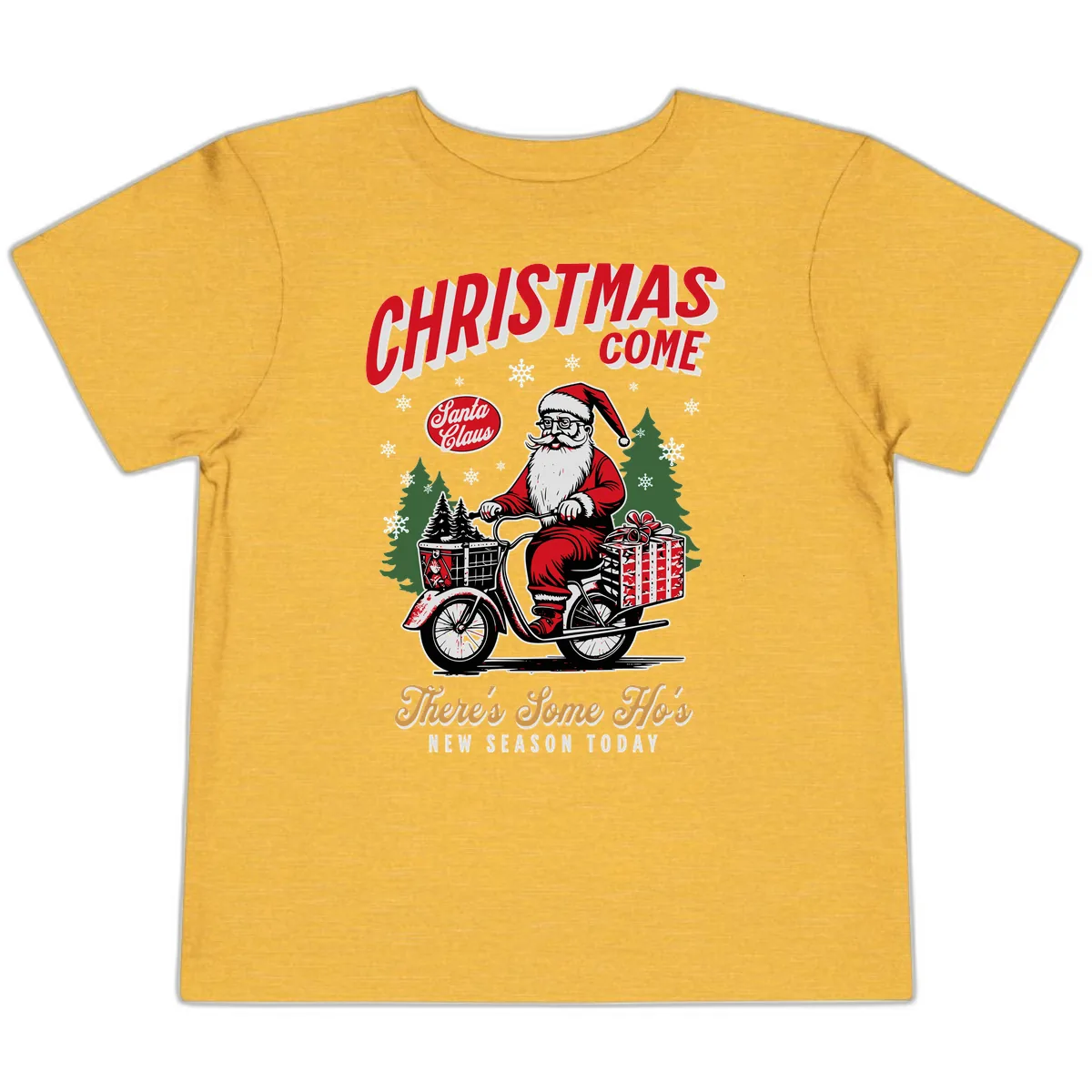 Santa's Scooter Christmas Ride Toddler T-Shirt in Heather Yellow Gold