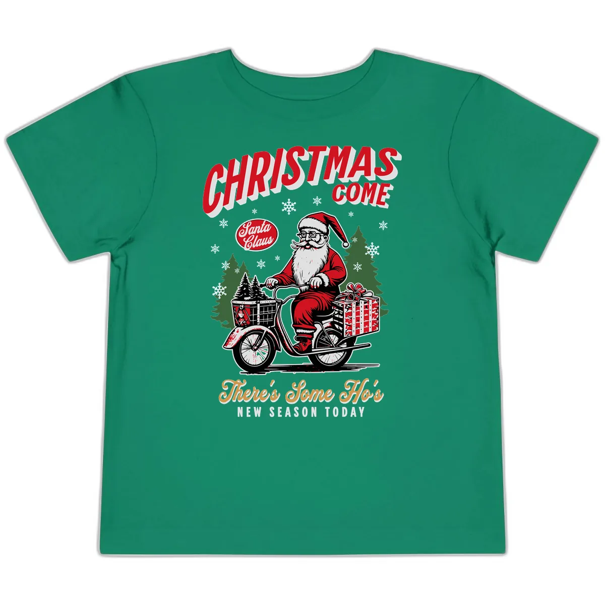 Santa's Scooter Christmas Ride Toddler T-Shirt in Kelly