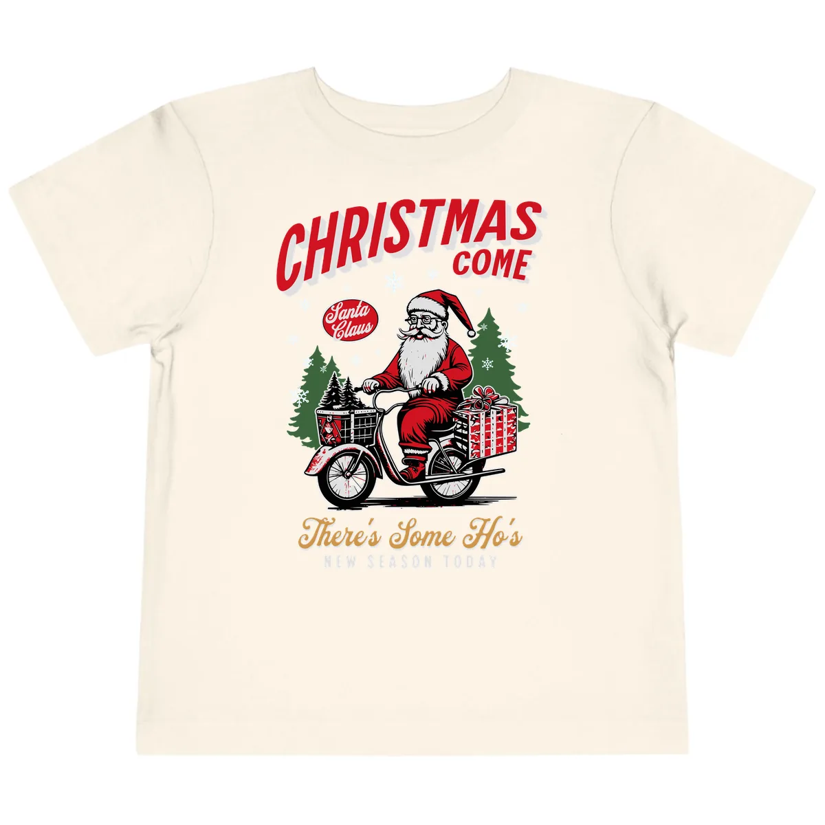 Santa's Scooter Christmas Ride Toddler T-Shirt in Natural