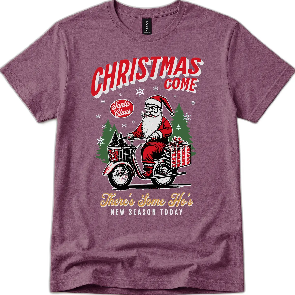 Santa's Scooter Christmas Ride T-Shirt in Heather Maroon