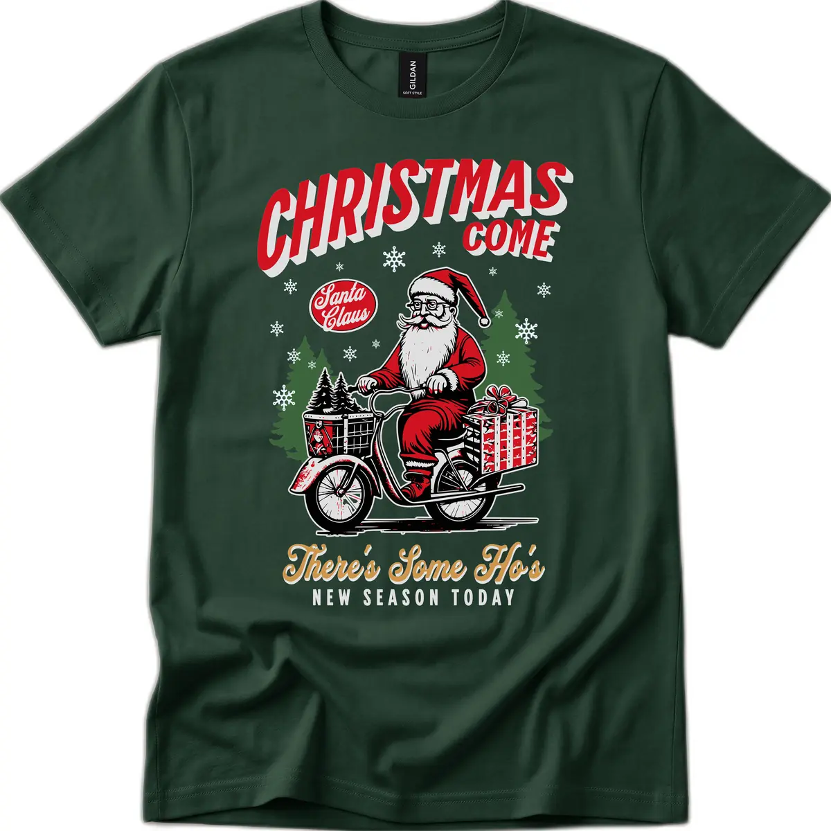 Santa's Scooter Christmas Ride T-Shirt in Forest Green