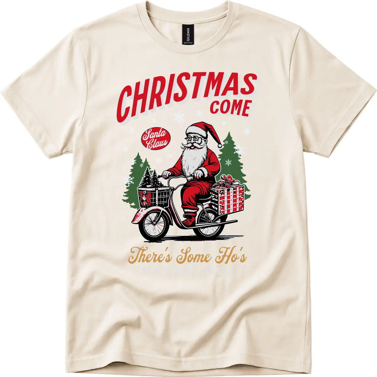 Santa's Scooter Christmas Ride T-Shirt in Natural