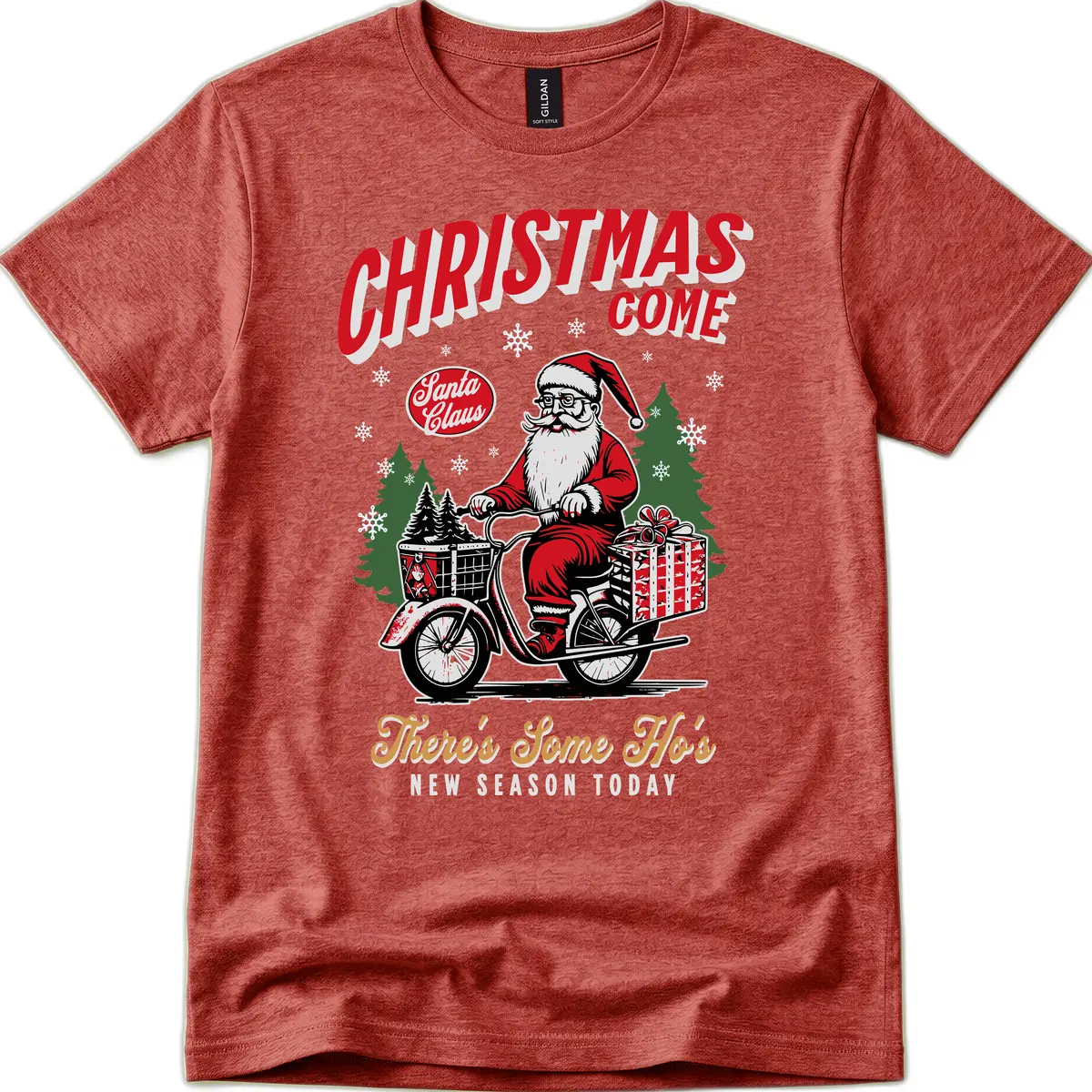 Santa's Scooter Christmas Ride T-Shirt in Heather Cardinal