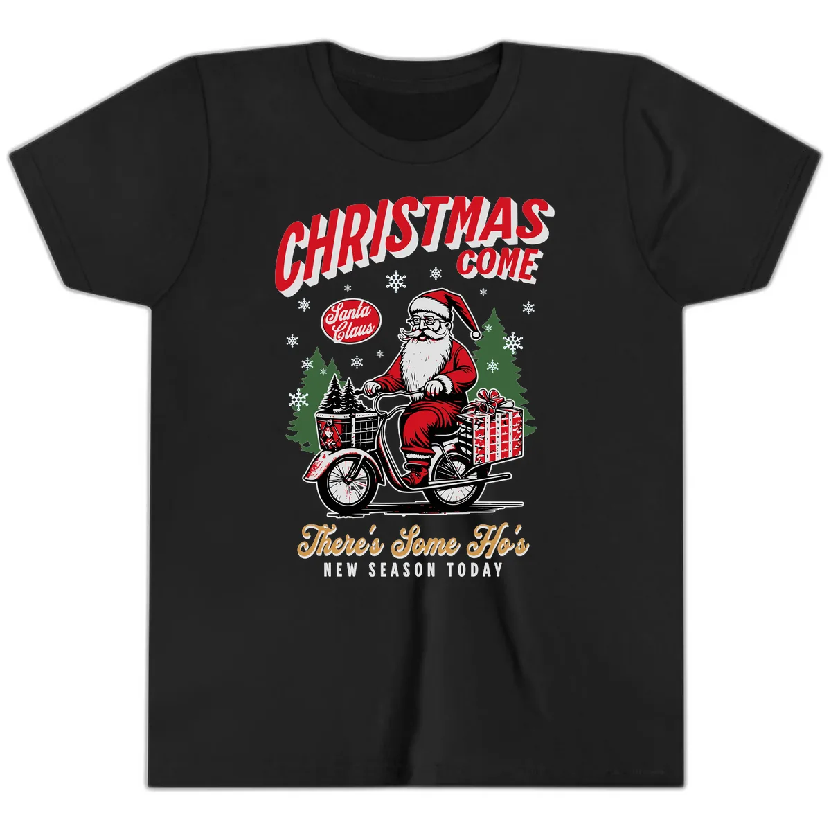 Santa's Scooter Christmas Ride Youth T-Shirt in Black