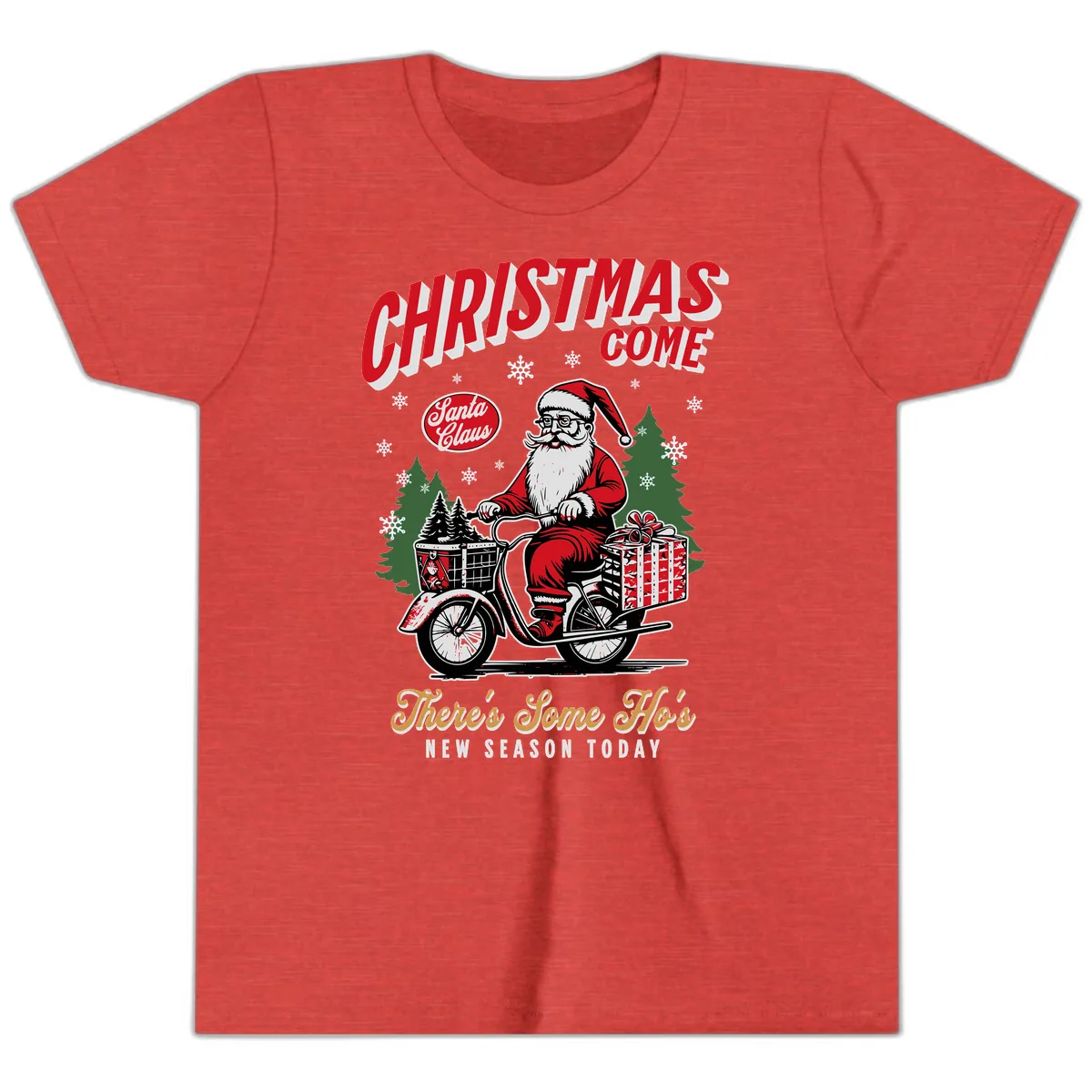 Santa's Scooter Christmas Ride Youth T-Shirt in Heather Red