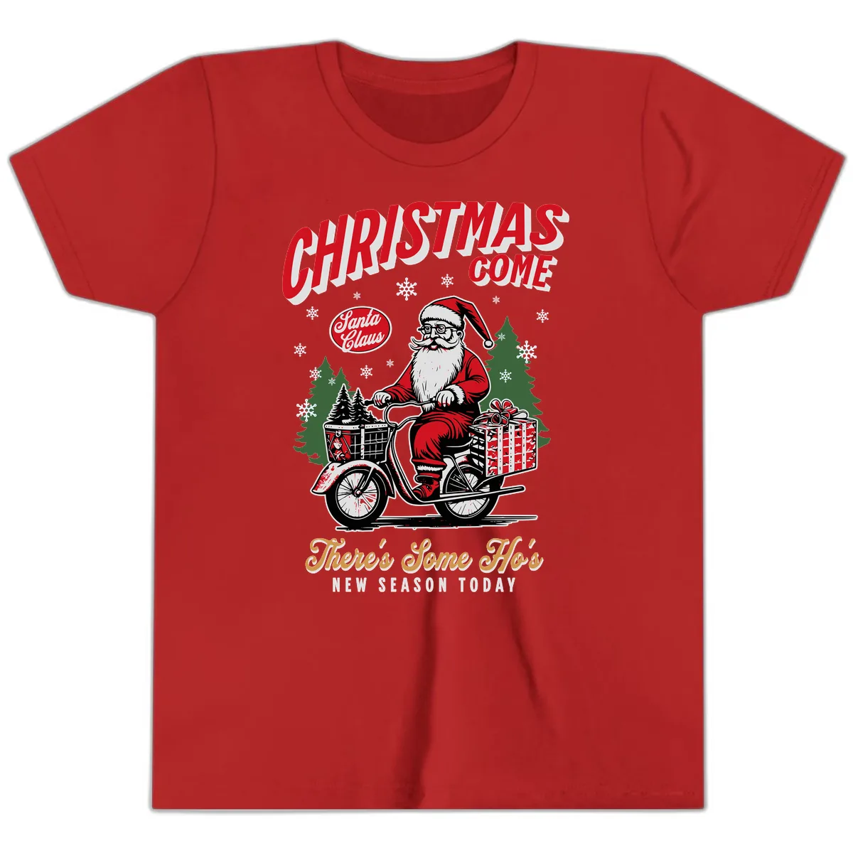Santa's Scooter Christmas Ride Youth T-Shirt in Red