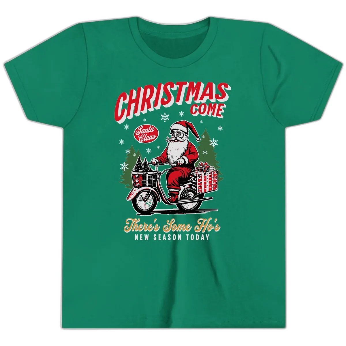 Santa's Scooter Christmas Ride Youth T-Shirt in Kelly