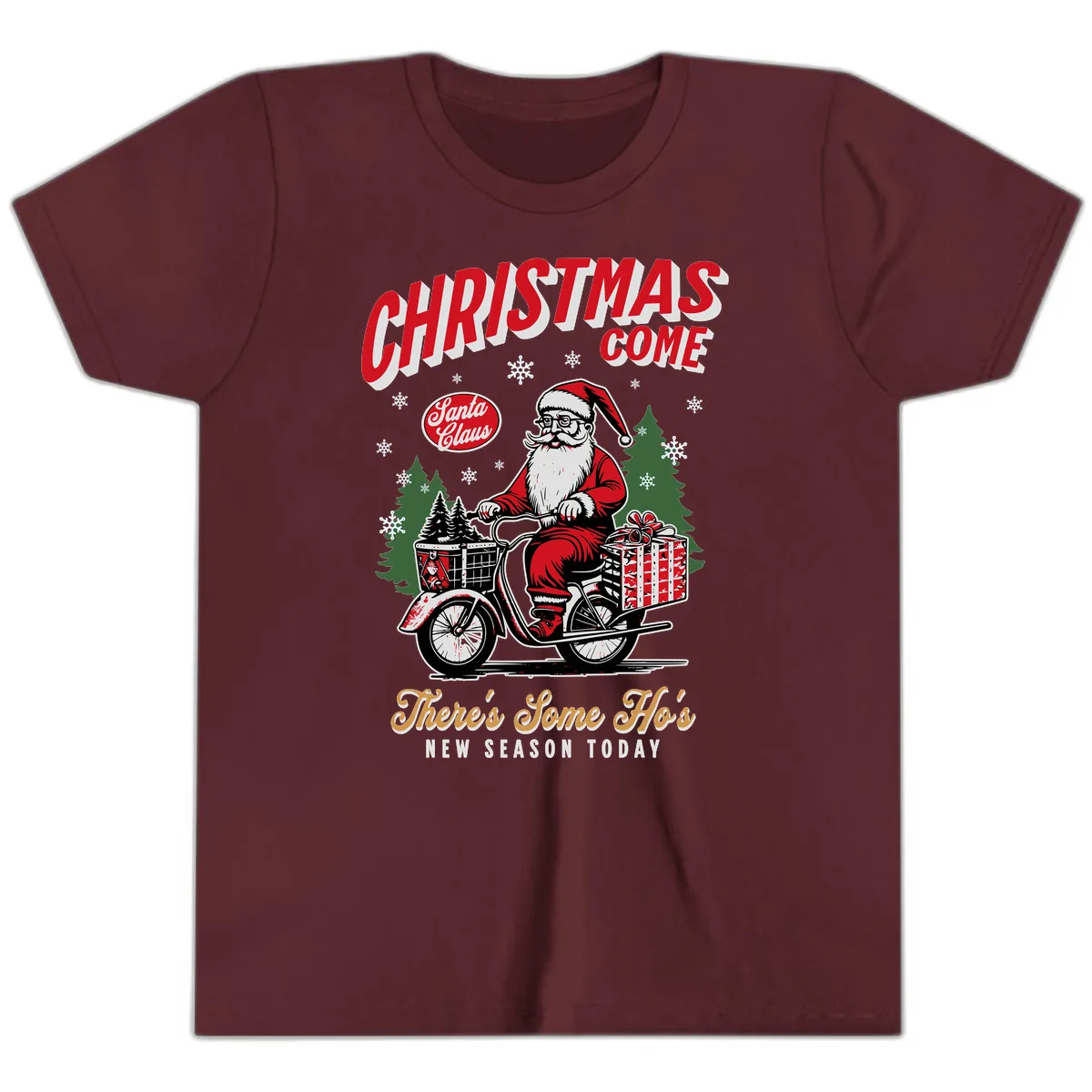 Santa's Scooter Christmas Ride Youth T-Shirt in Maroon