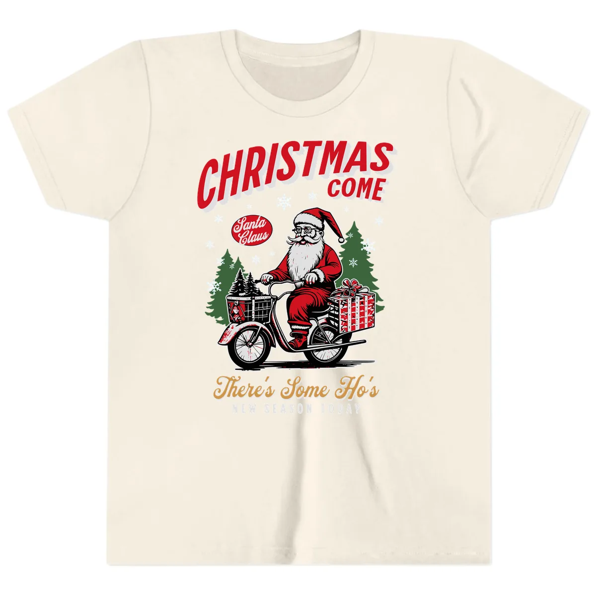 Santa's Scooter Christmas Ride Youth T-Shirt in Natural