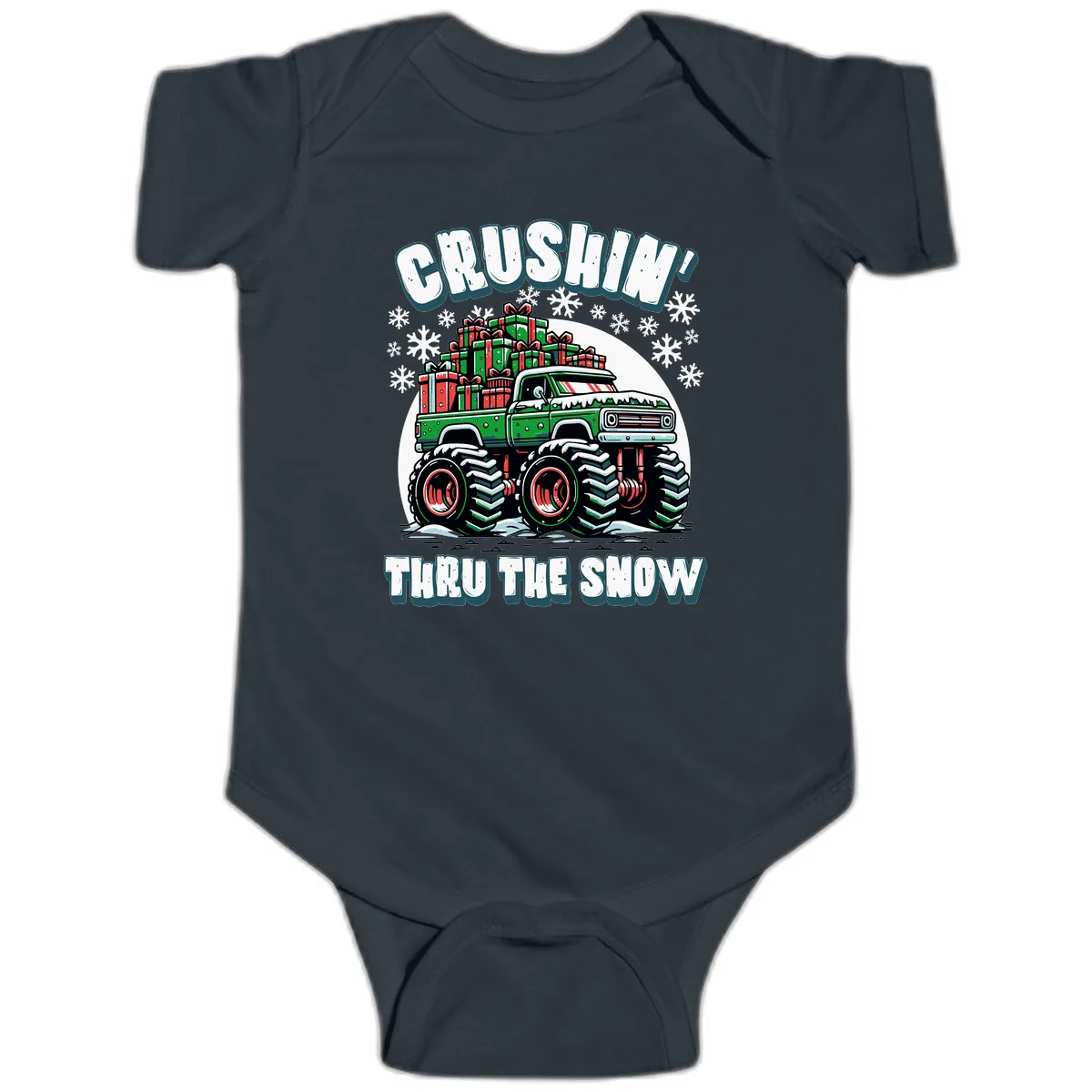 Monster Truck Crushing Presents Baby Onesie in Black