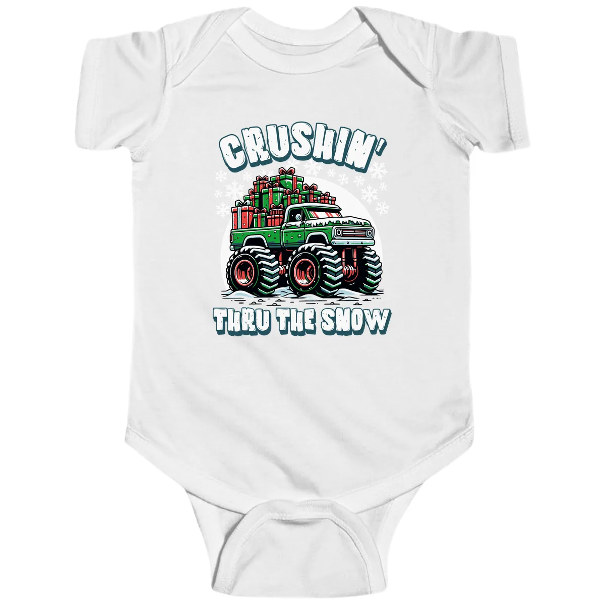 Monster Truck Crushing Presents Baby Onesie in White