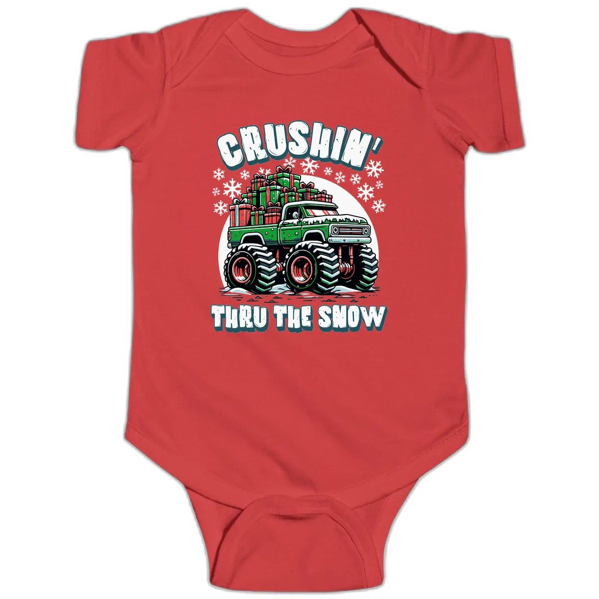 Monster Truck Crushing Presents Baby Onesie in Red