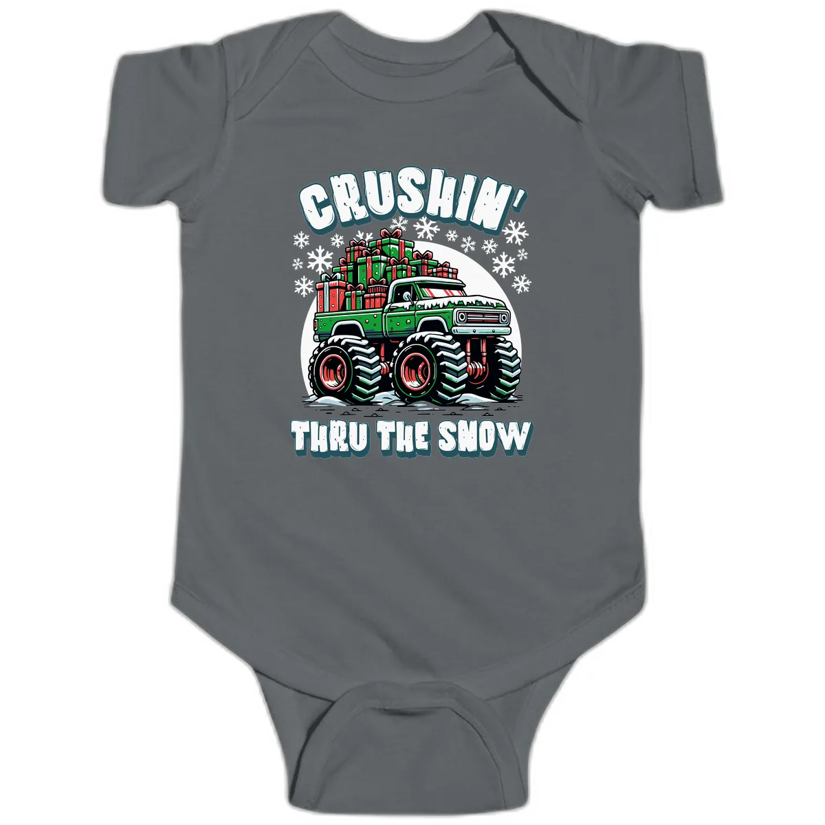 Monster Truck Crushing Presents Baby Onesie in Charcoal