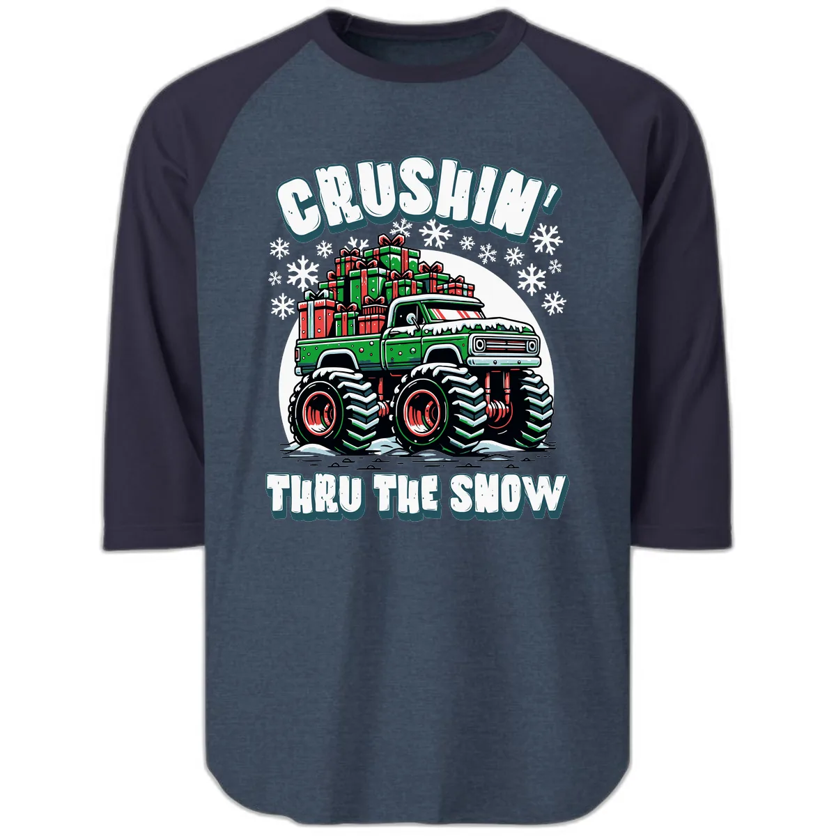 Monster Truck Crushing Presents Raglan 3/4 in Heather Denim Navy