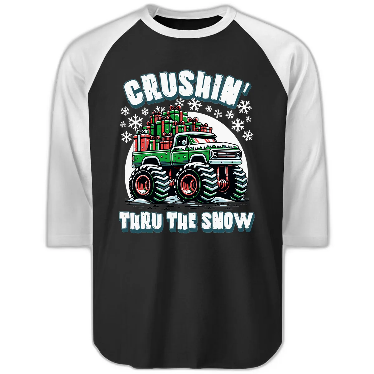 Monster Truck Crushing Presents Raglan 3/4 in Black White