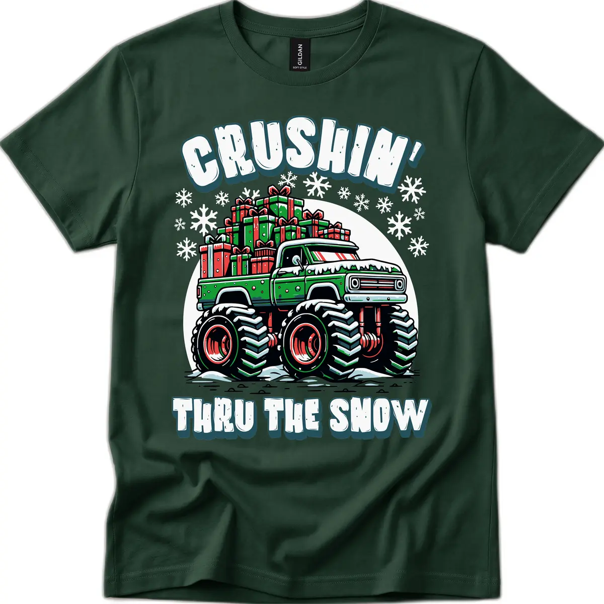 Monster Truck Crushing Presents T-Shirt in Forest Green