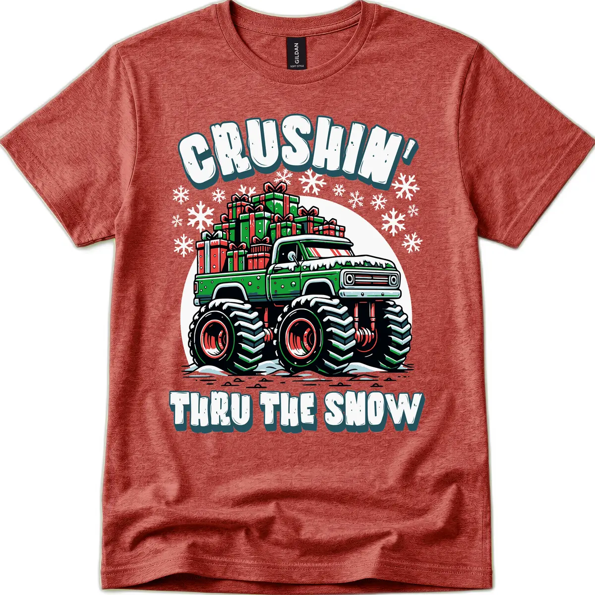 Monster Truck Crushing Presents T-Shirt in Heather Cardinal