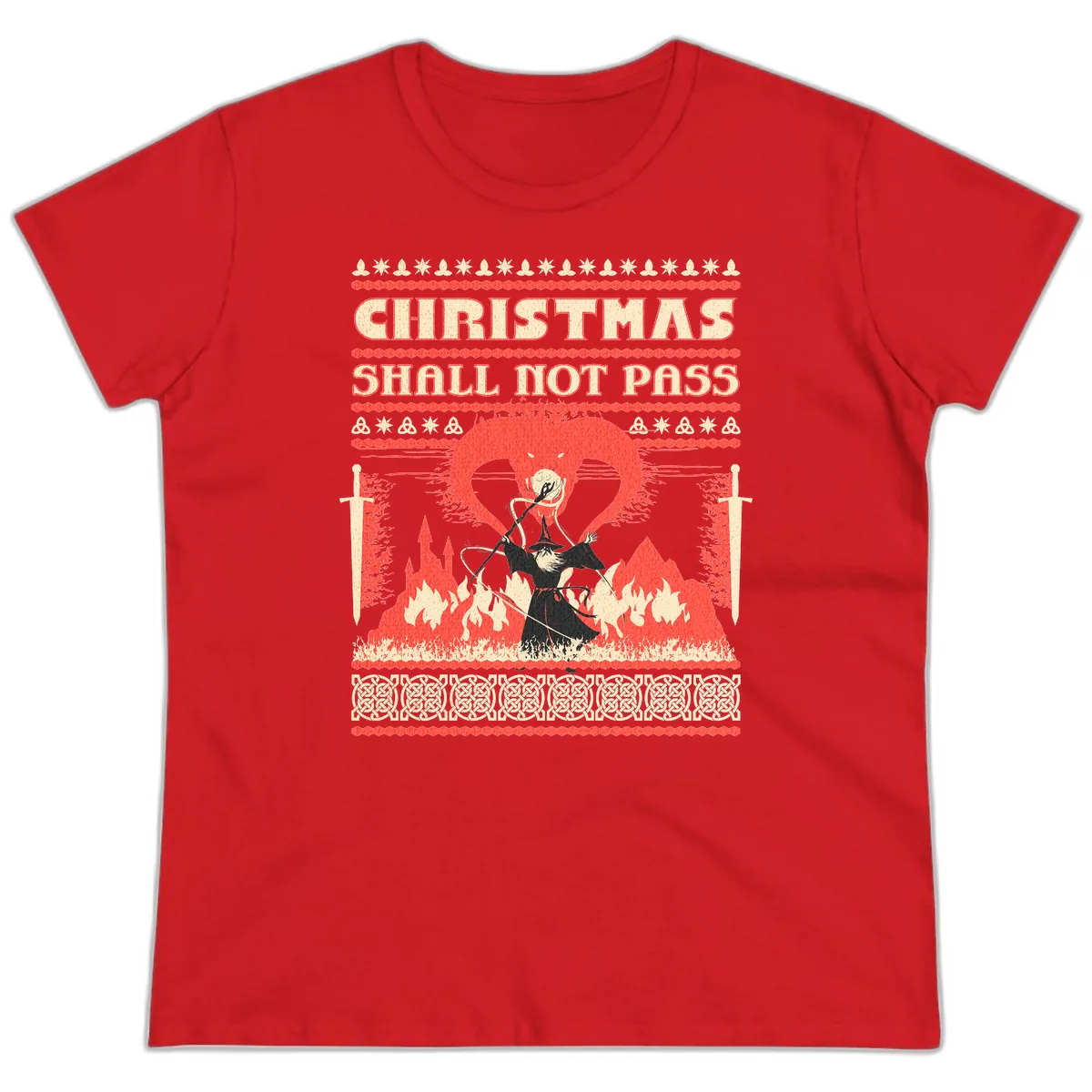 Christmas Shall Not Pass Wizard Ladies Tee in Red