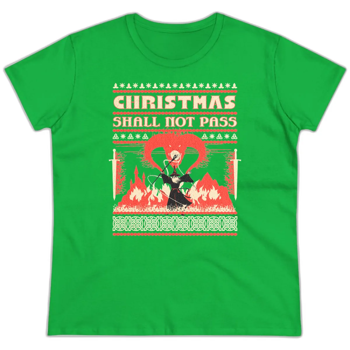 Christmas Shall Not Pass Wizard Ladies Tee in Irish Green