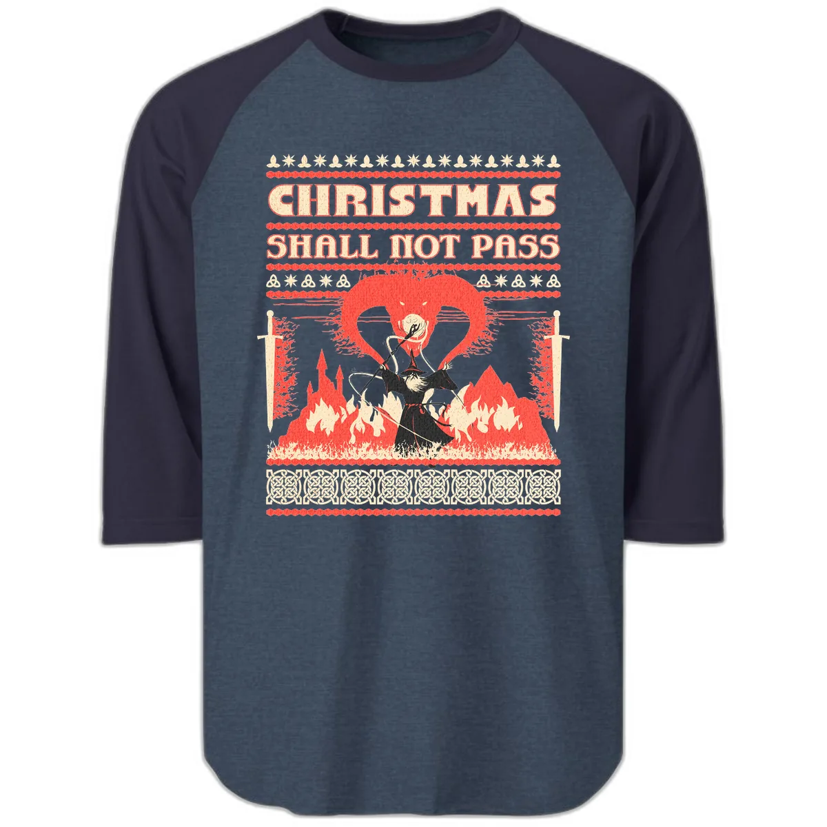 Christmas Shall Not Pass Wizard Raglan 3/4 in Heather Denim Navy