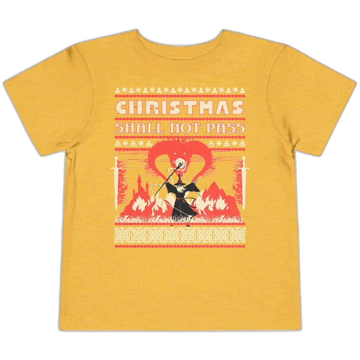 Christmas Shall Not Pass Wizard Toddler T-Shirt in Heather Yellow Gold