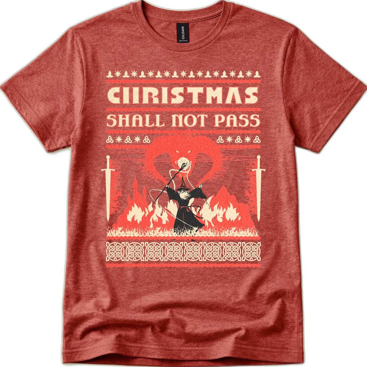 Christmas Shall Not Pass Wizard T-Shirt in Heather Cardinal