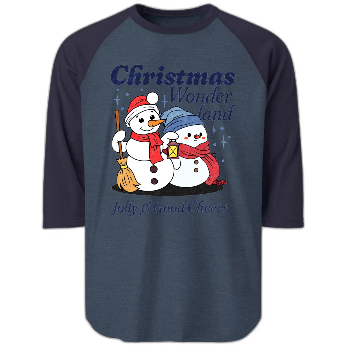 Christmas Wonderland Snowmen Raglan 3/4 in Heather Denim Navy